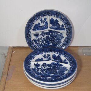 2 Antique Moriyama Blue Willow 10” Round Divided Grill Plate Made In Japan Vinta